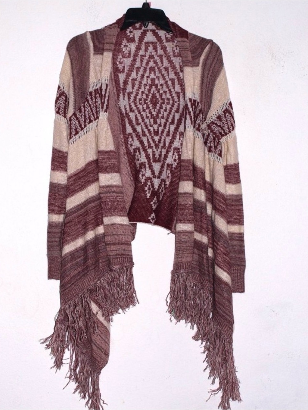 No Boundaries Taupe & Cream Aztec Fringe Open-Front Poncho